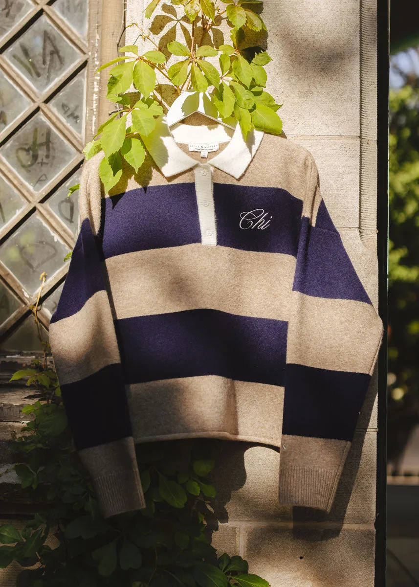 Cold Day Look Chi Script Rugby Sweater - Tan & Navy