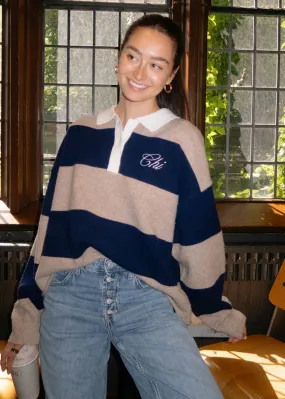 Stylish Layers Versatile Layers Chi Script Rugby Sweater - Tan & Navy