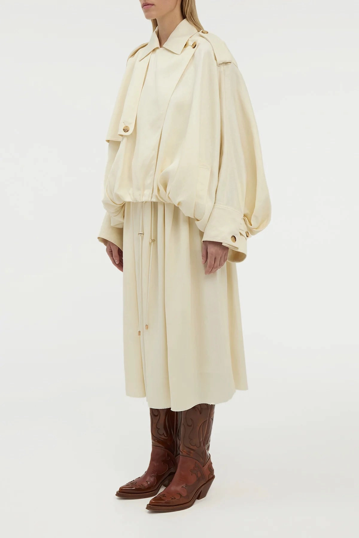 Chiara Pleated Midi Skirt in Ivory Textured Linen Draped Silhouette