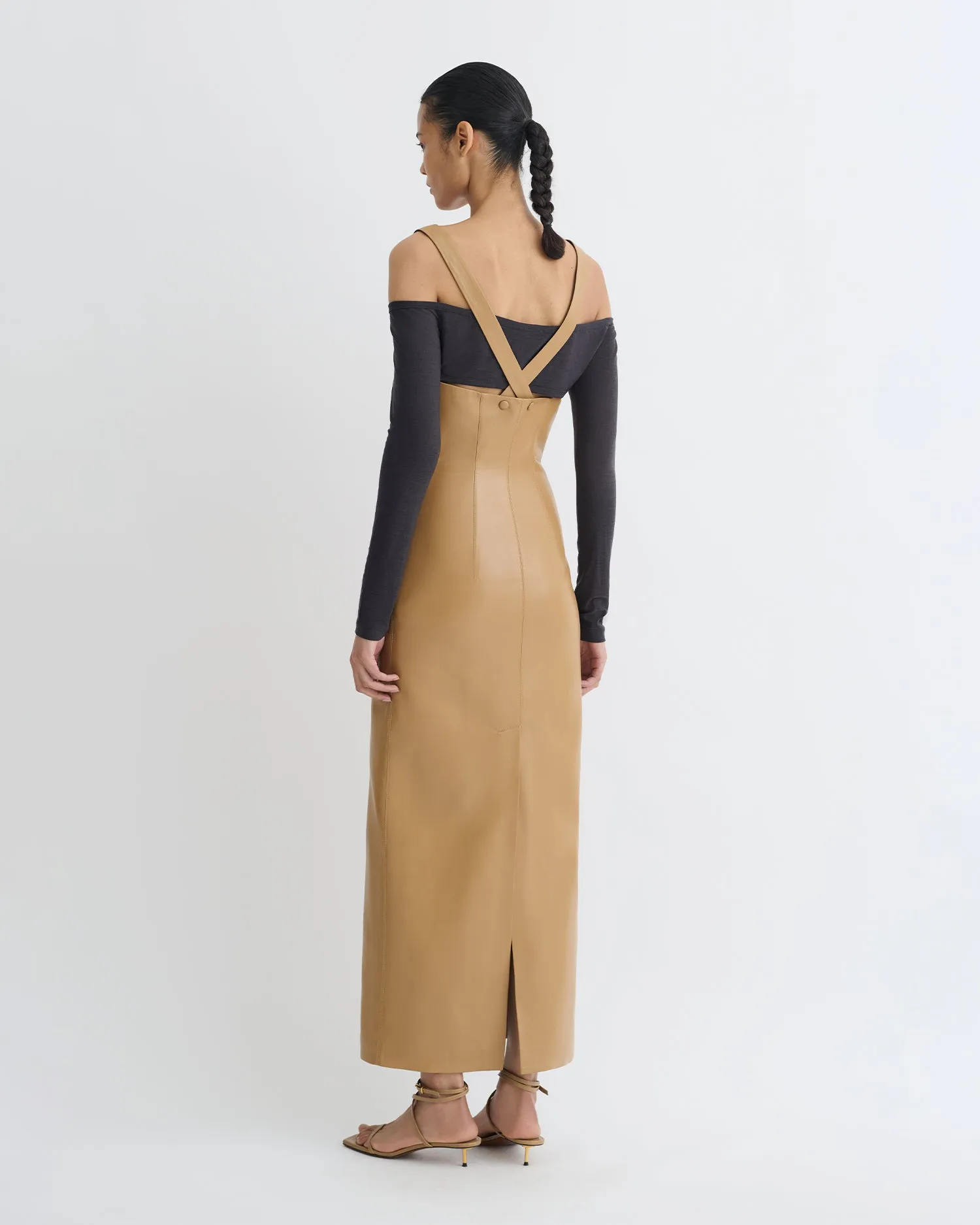 Subtle Charm Ferriti - Okobor? Alt-Leather Midi Dress - Oak/Grey