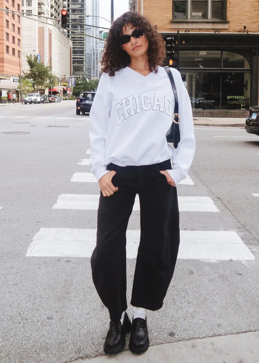 Bias Cut Hem Details Chicago Boucle V-Neck Sweatshirt - Heather Grey