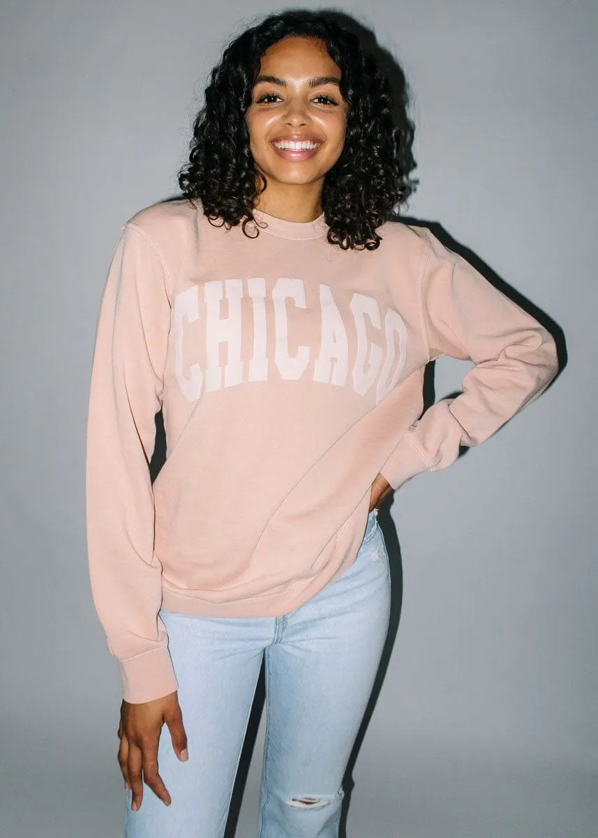 Simple Cozy Relaxed Look Chicago Collegiate Puff Sweatshirt - Dusty Pink