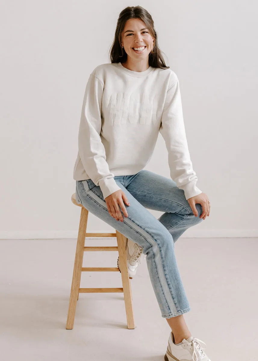 Winter Comfort Layer Stylish Knit Look Chicago Collegiate Puff Sweatshirt - Ivory