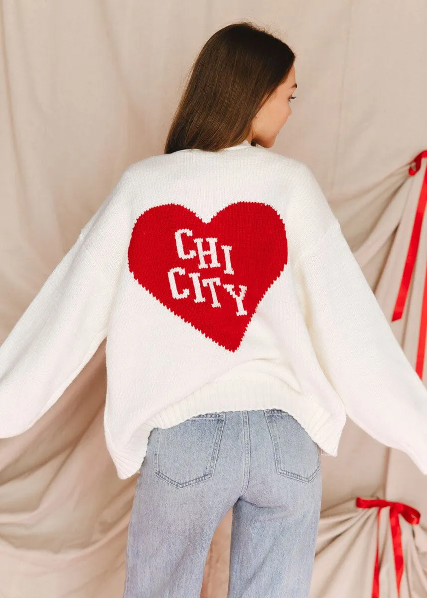 Textured Weave Relaxed Comfort Wear Chicago Heart Cardigan - Cream