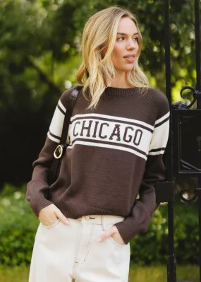 Active Style Chilly Layer Look Chicago Varsity Block Stripe Sweater - Chocolate