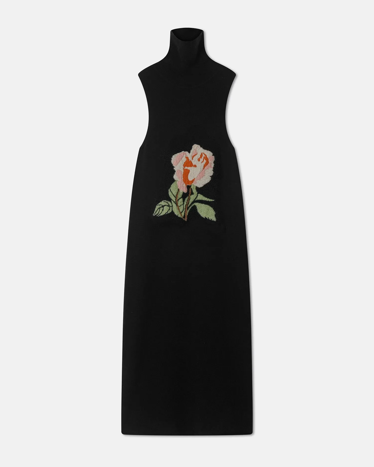 Jessam - Merino Wool Turtleneck Dress - Black/Roses Sleek long-sleeve dress Casual Chic Wear
