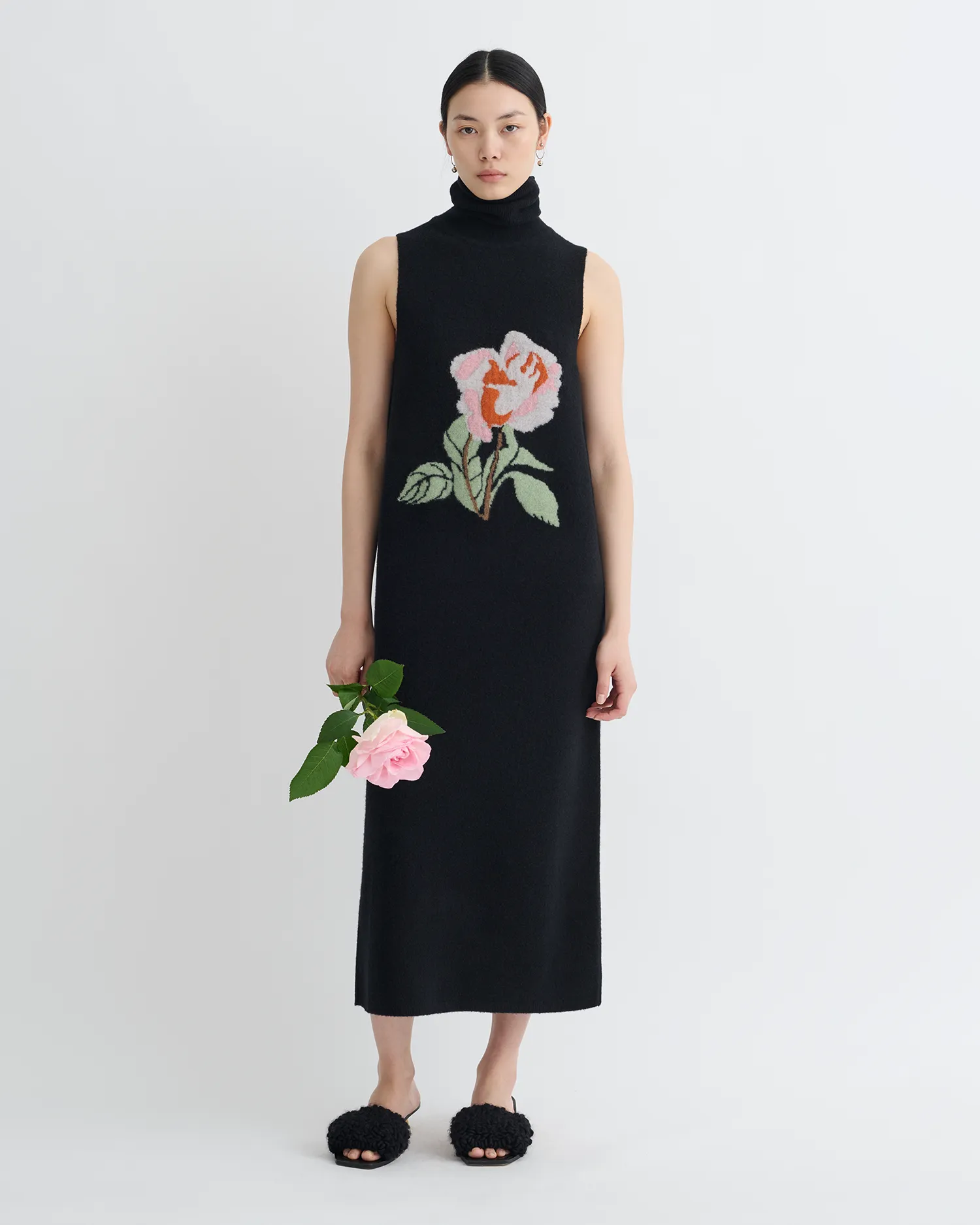 Soft Tone Calm Lines Jessam - Merino Wool Turtleneck Dress - Black/Roses