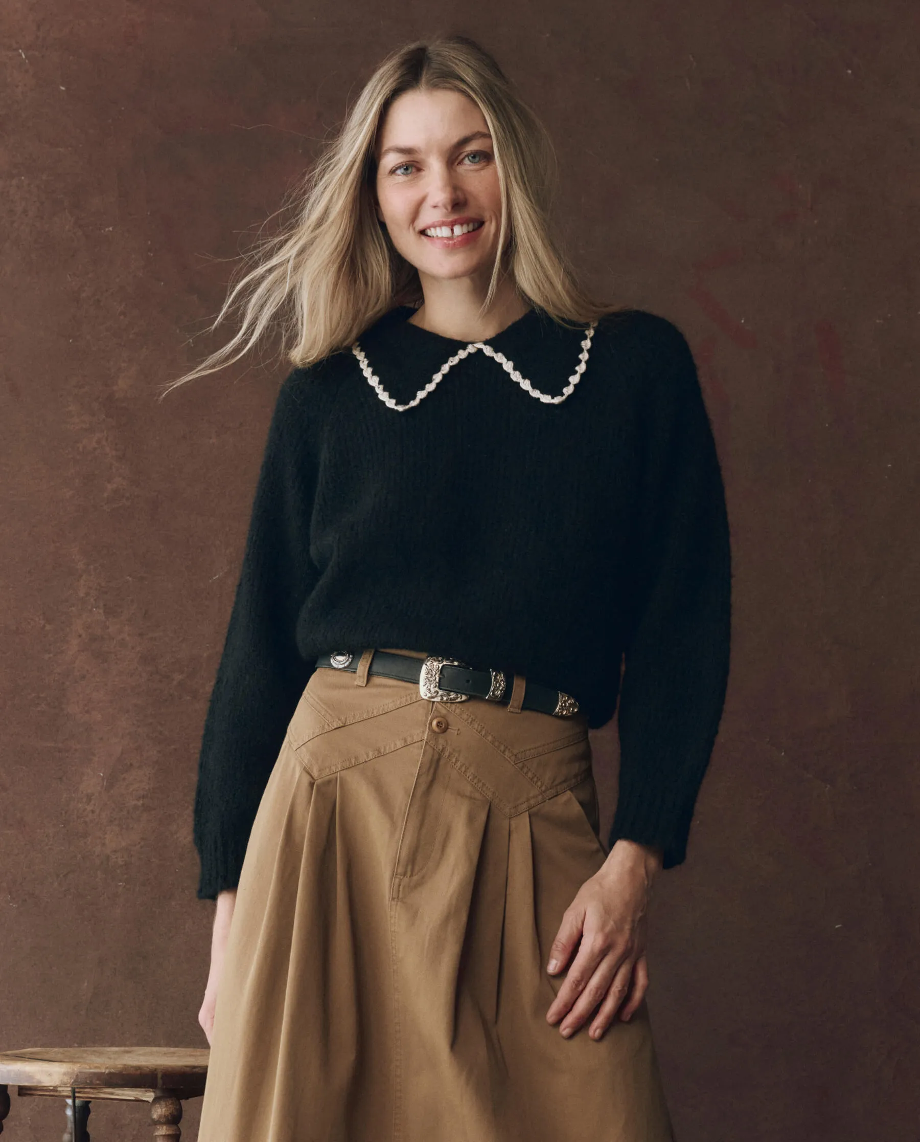 Effortless Layer The Crochet Collar Pullover. -- Black with Soft White