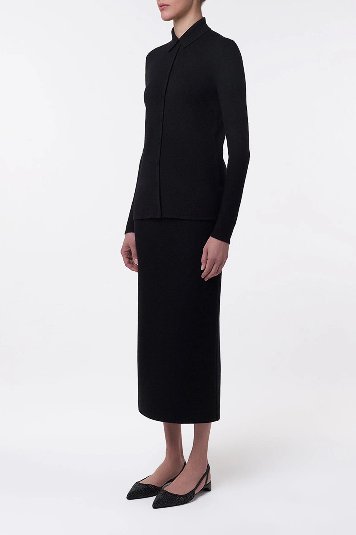 Tiered hem Lined interior Circe Knit Maxi Skirt in Black Merino Wool Cashmere