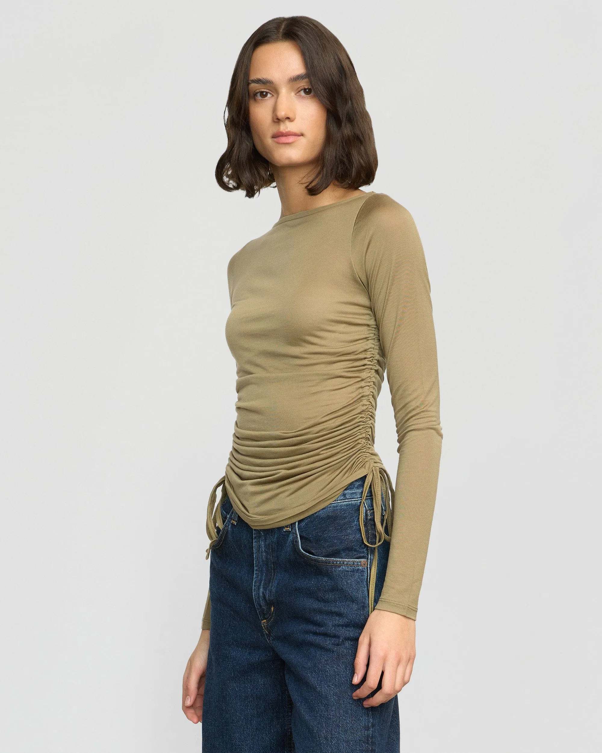 Chic Fit Colorfast Material Joan Tencel Ruched-Side Semi-Sheer Tee