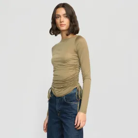 Joan Tencel Ruched-Side Semi-Sheer Tee Ribbed Neckline