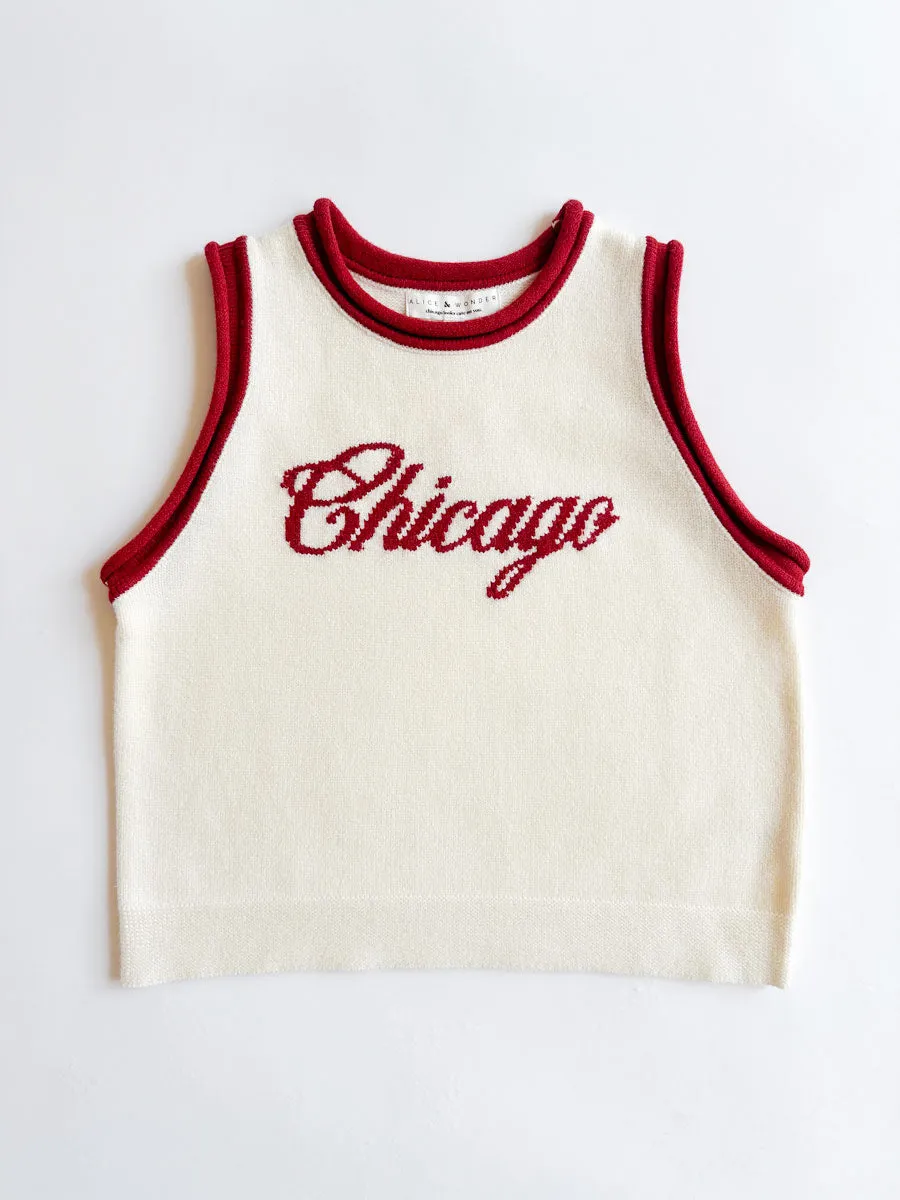 Chicago Script Ringer Sweater Vest - Ivory Red Combo Perfect Fit Casual Chic Look
