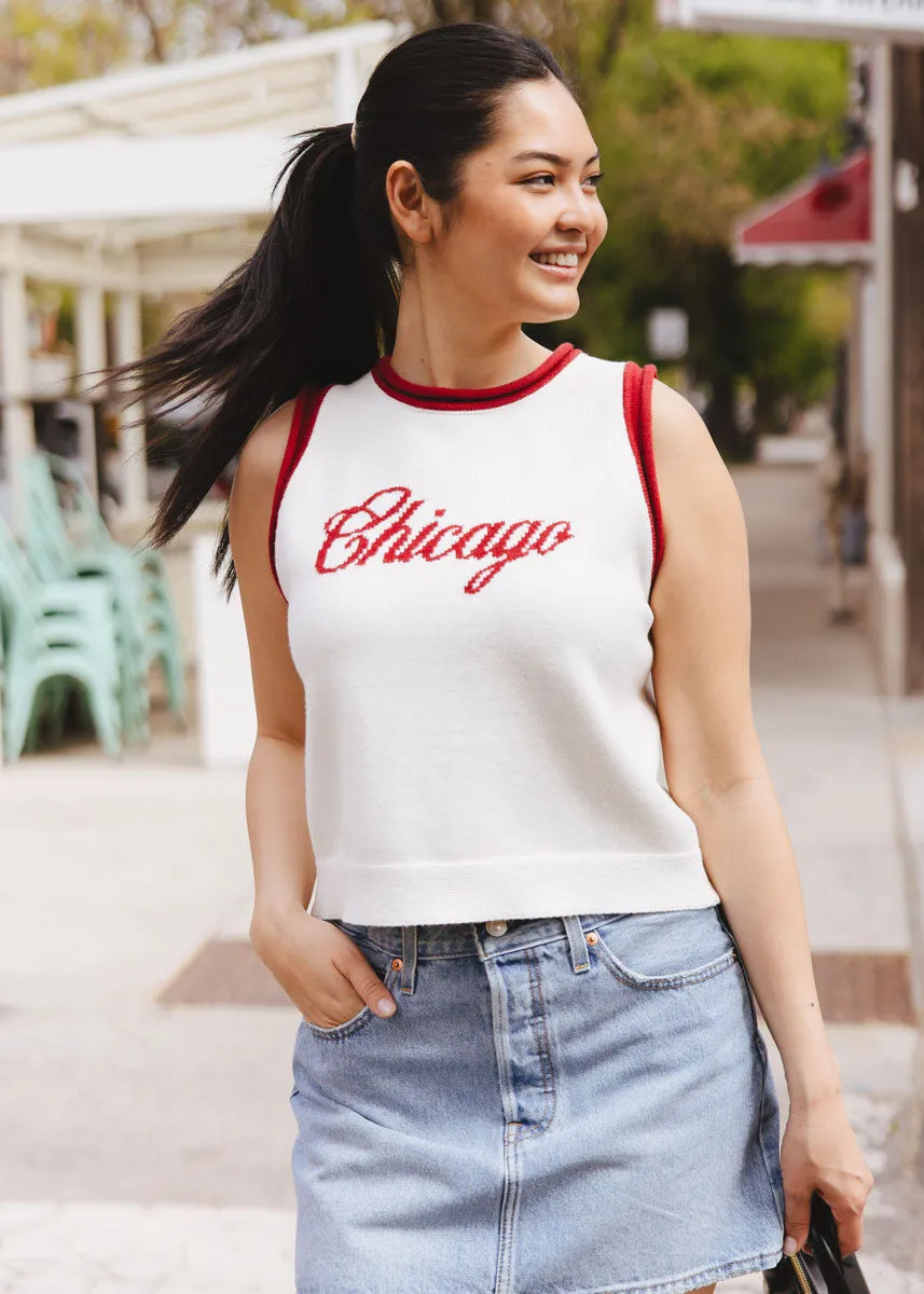 Tagless Neck Finish Breathable Design Chicago Script Ringer Sweater Vest - Ivory Red Combo