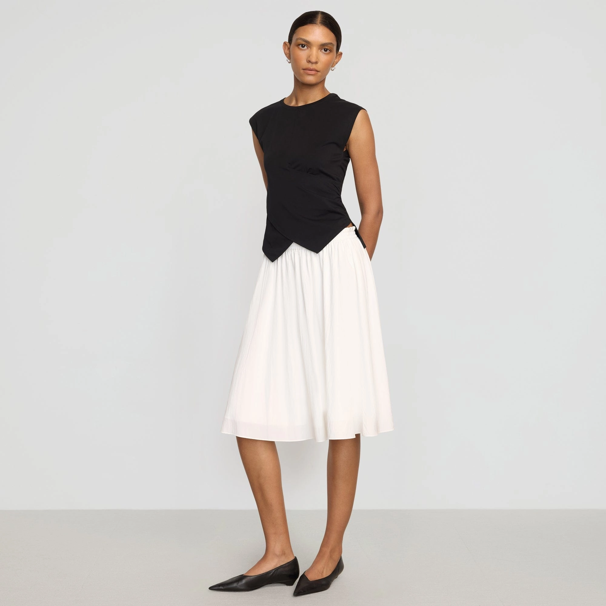 Zazie Shirred Stretch-Waist Midi Skirt Trend Ready Button Details
