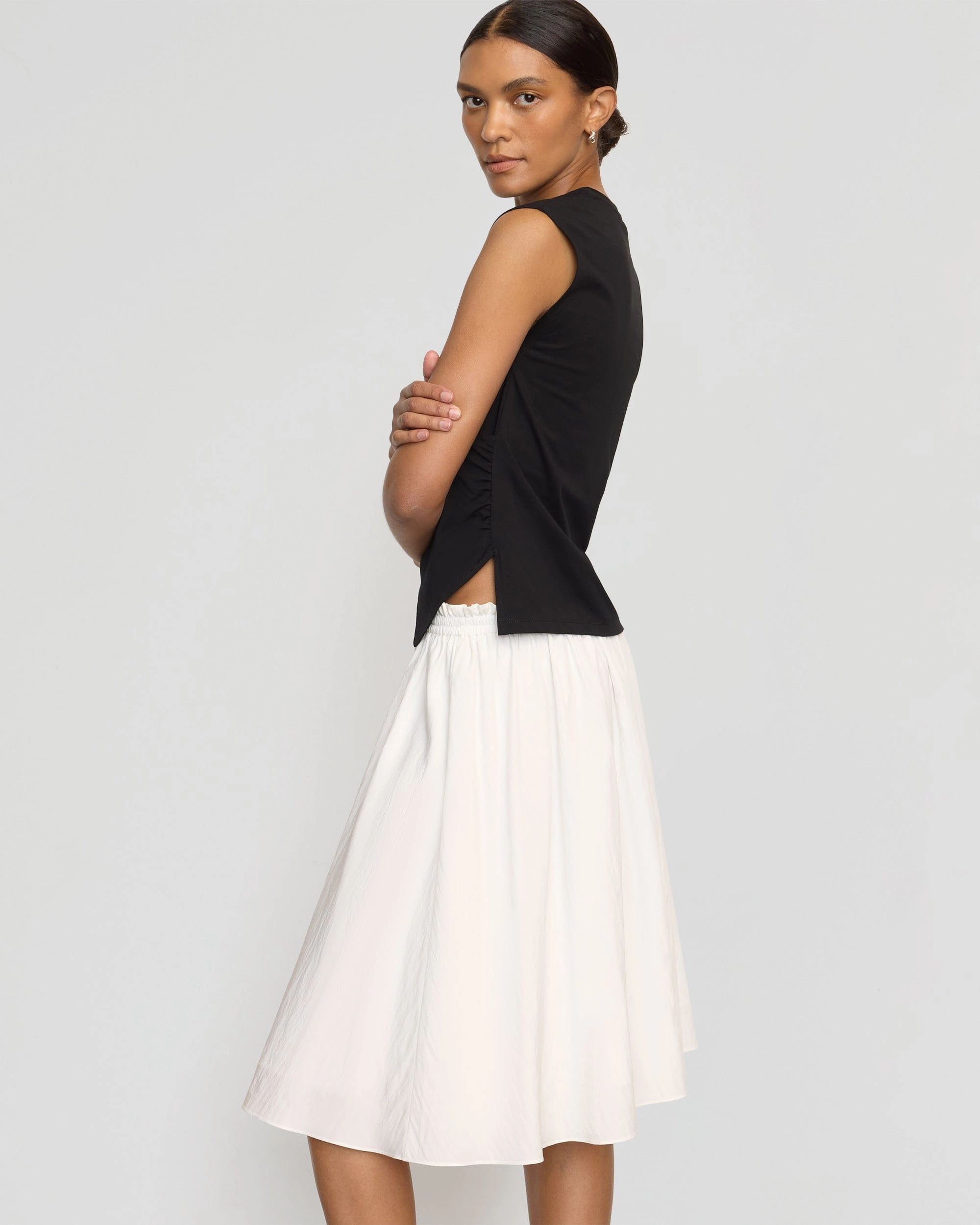 Zazie Shirred Stretch-Waist Midi Skirt Tailored Cut Cozy Vibe