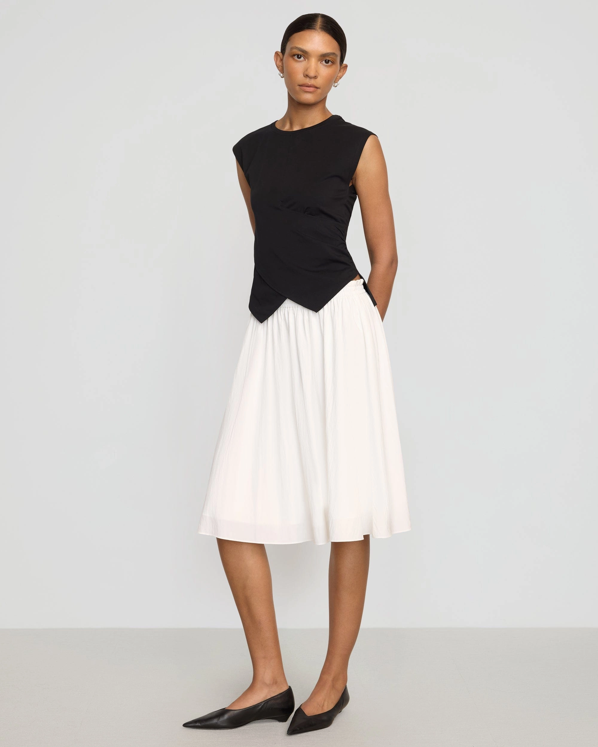 Luxury Trim Zazie Shirred Stretch-Waist Midi Skirt