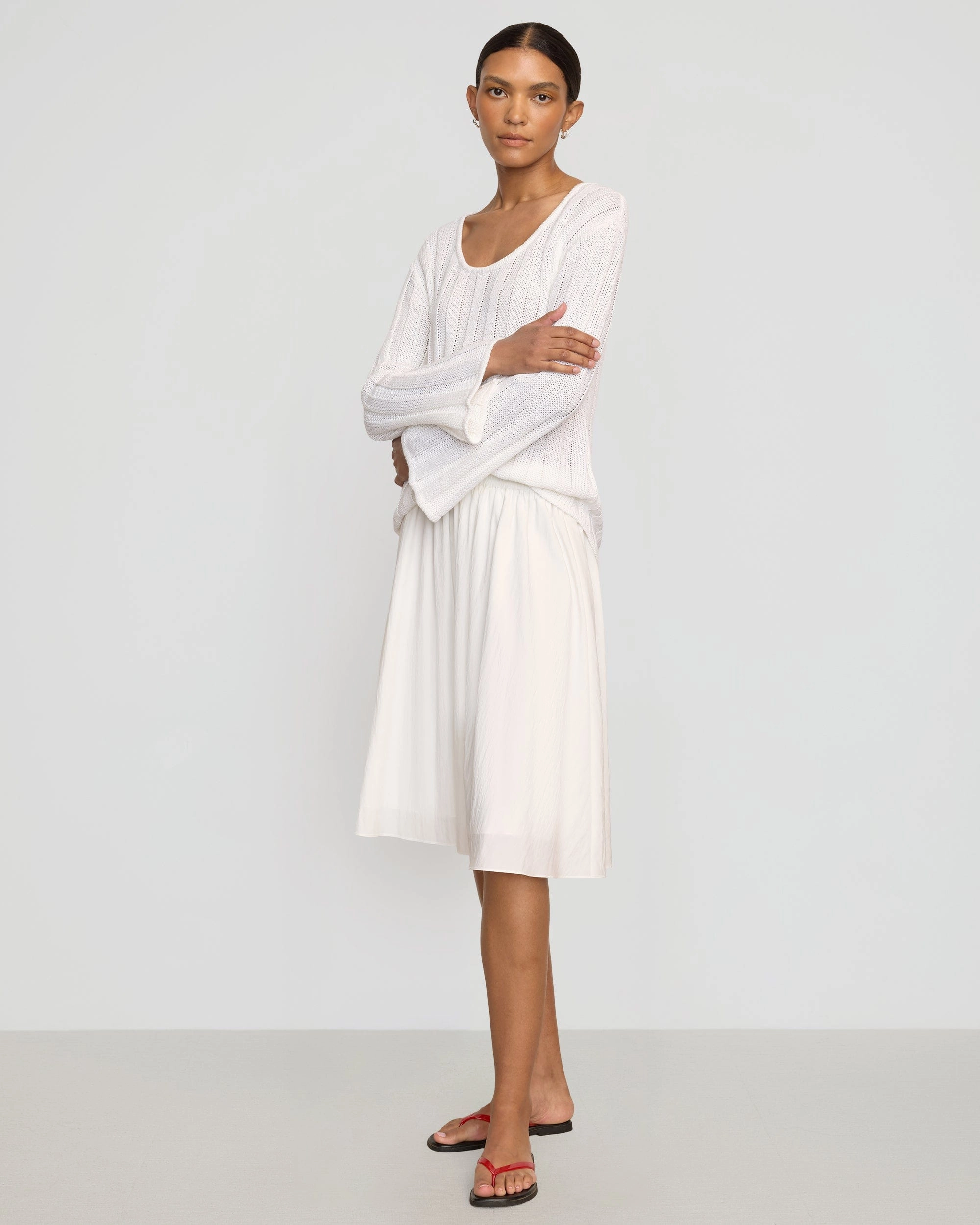 Zazie Shirred Stretch-Waist Midi Skirt Ventilated Panels Spring Brunch