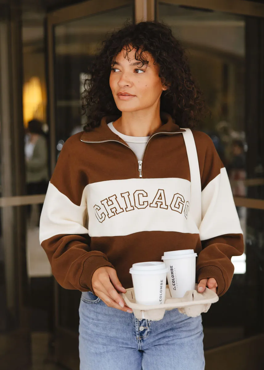 Light Reflective Yarn Quick Comfort Wear Chicago Color Blocked Quarter Zip Sweatshirt - Chocolate