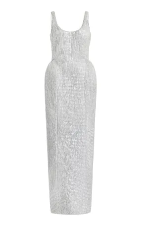 Luxe Mood Stylish party wear Girard Shirred Maxi Dress with Lining in Silver Metallic Nappa Leather