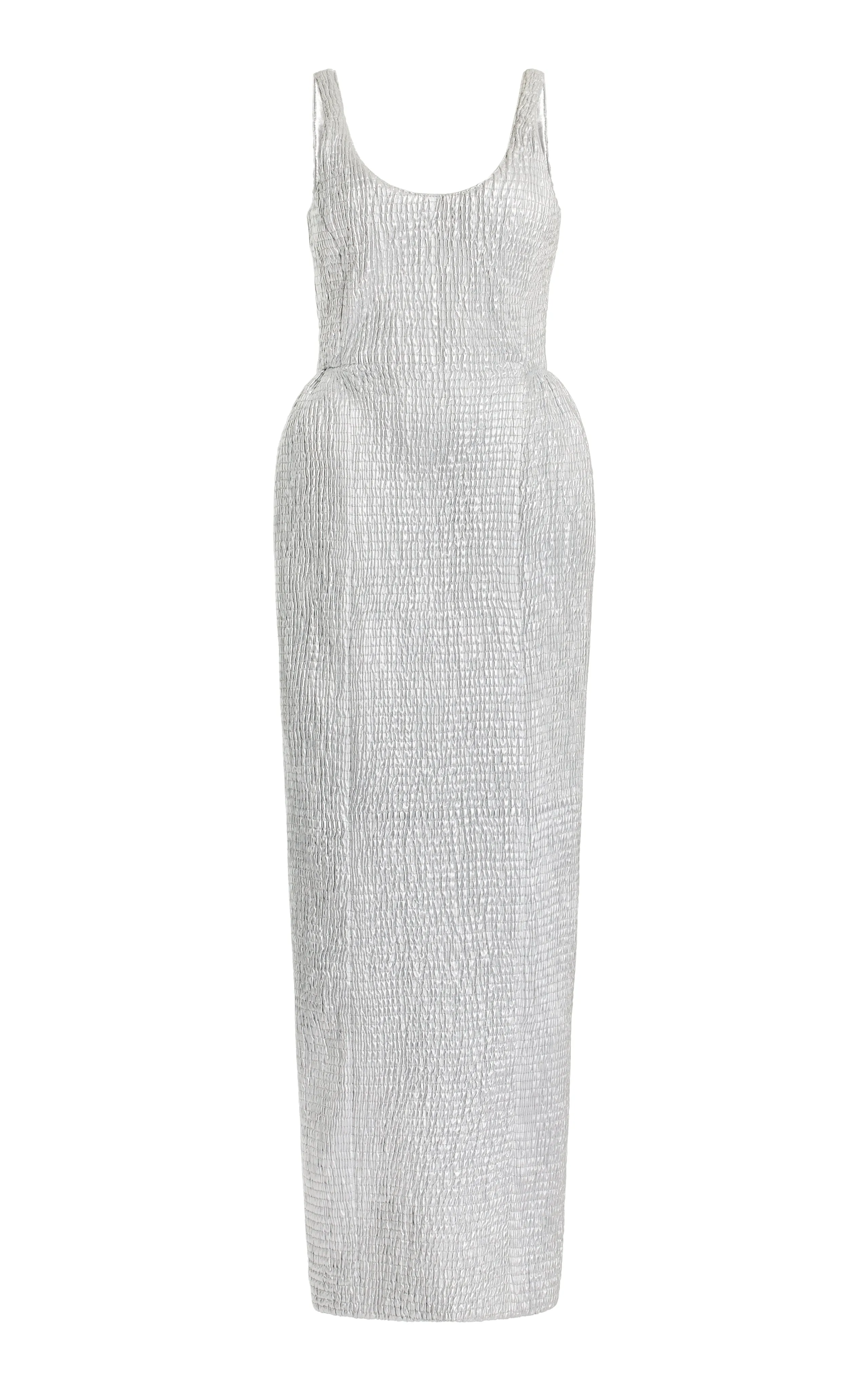 Luxe Mood Stylish party wear Girard Shirred Maxi Dress with Lining in Silver Metallic Nappa Leather