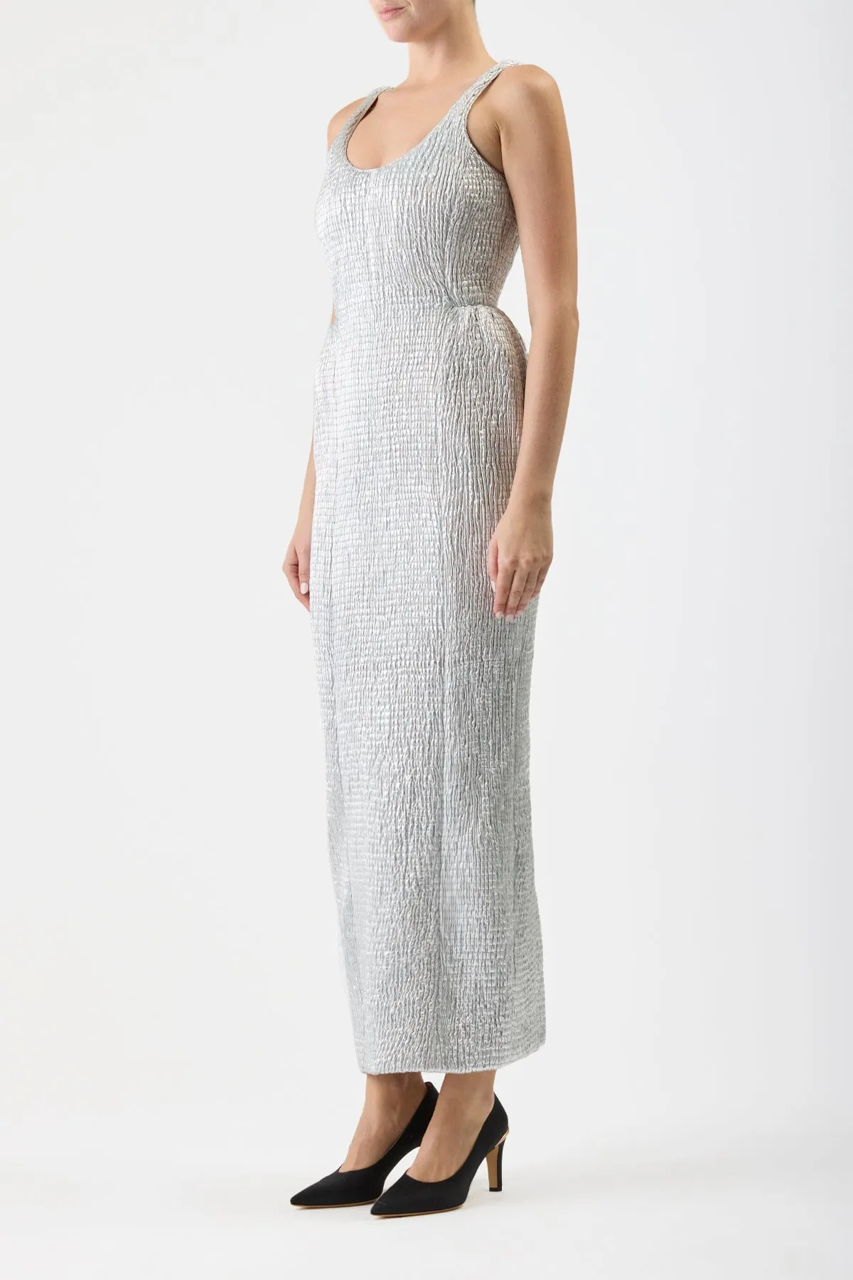 Light Shape Polished and Elegant Girard Shirred Maxi Dress with Lining in Silver Metallic Nappa Leather