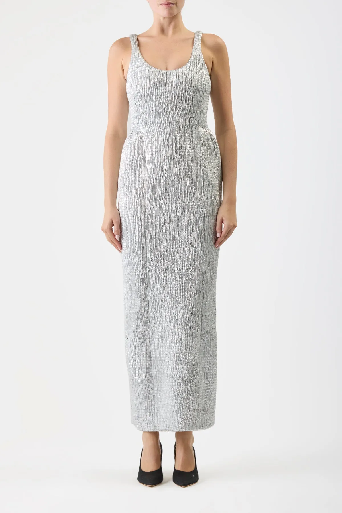 Girard Shirred Maxi Dress with Lining in Silver Metallic Nappa Leather Whimsical Mood Neutral Flow