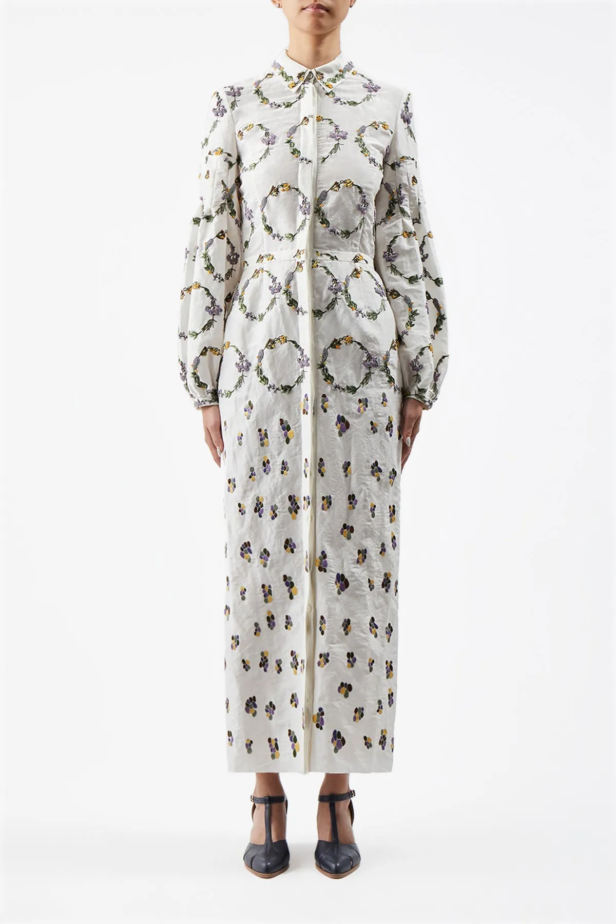 Mauri Embroidered Shirtdress in Ivory Linen Silk Floral design
