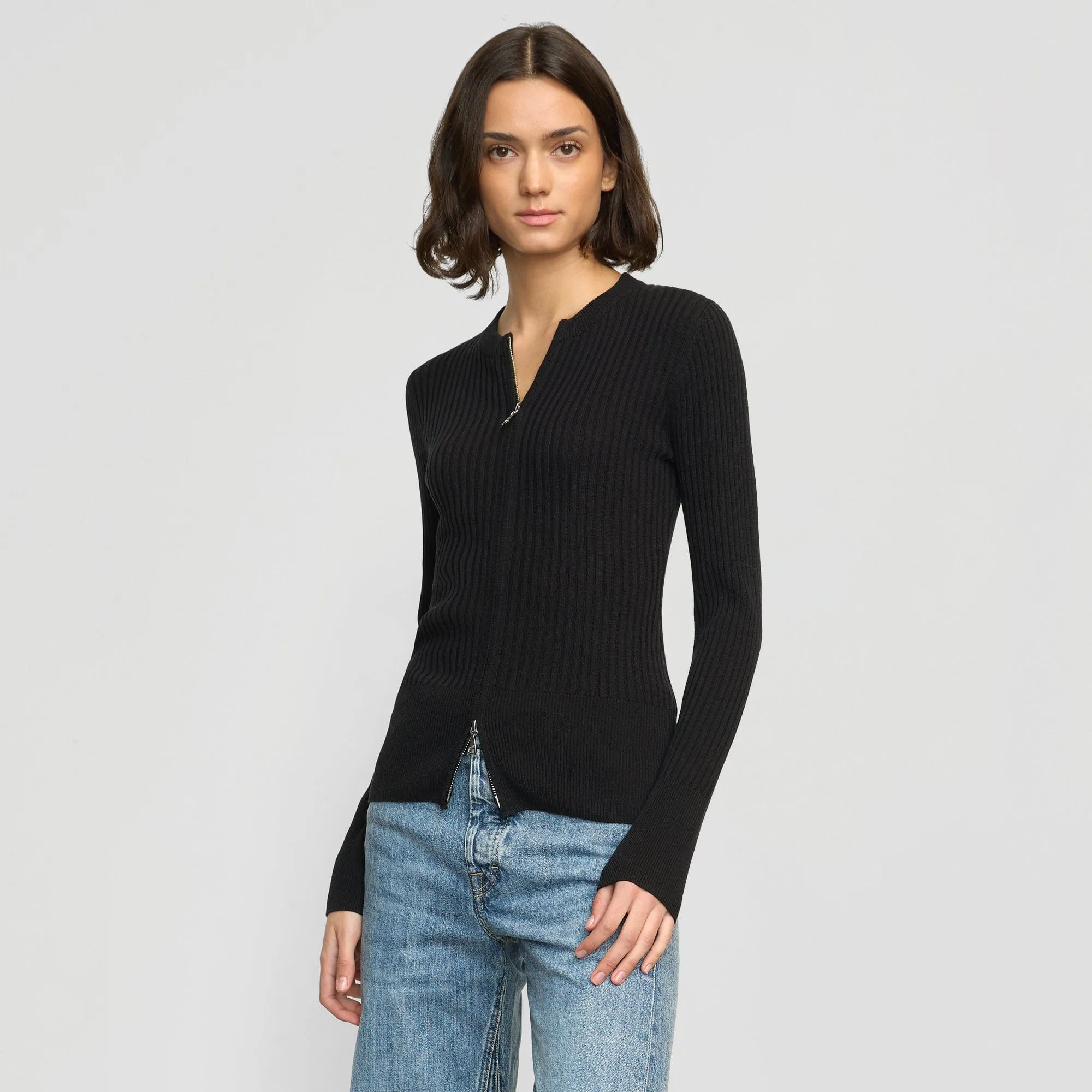 Kayla Ribbed Two-Way Zip Sweater Trendy Layering Casual Chic Knit