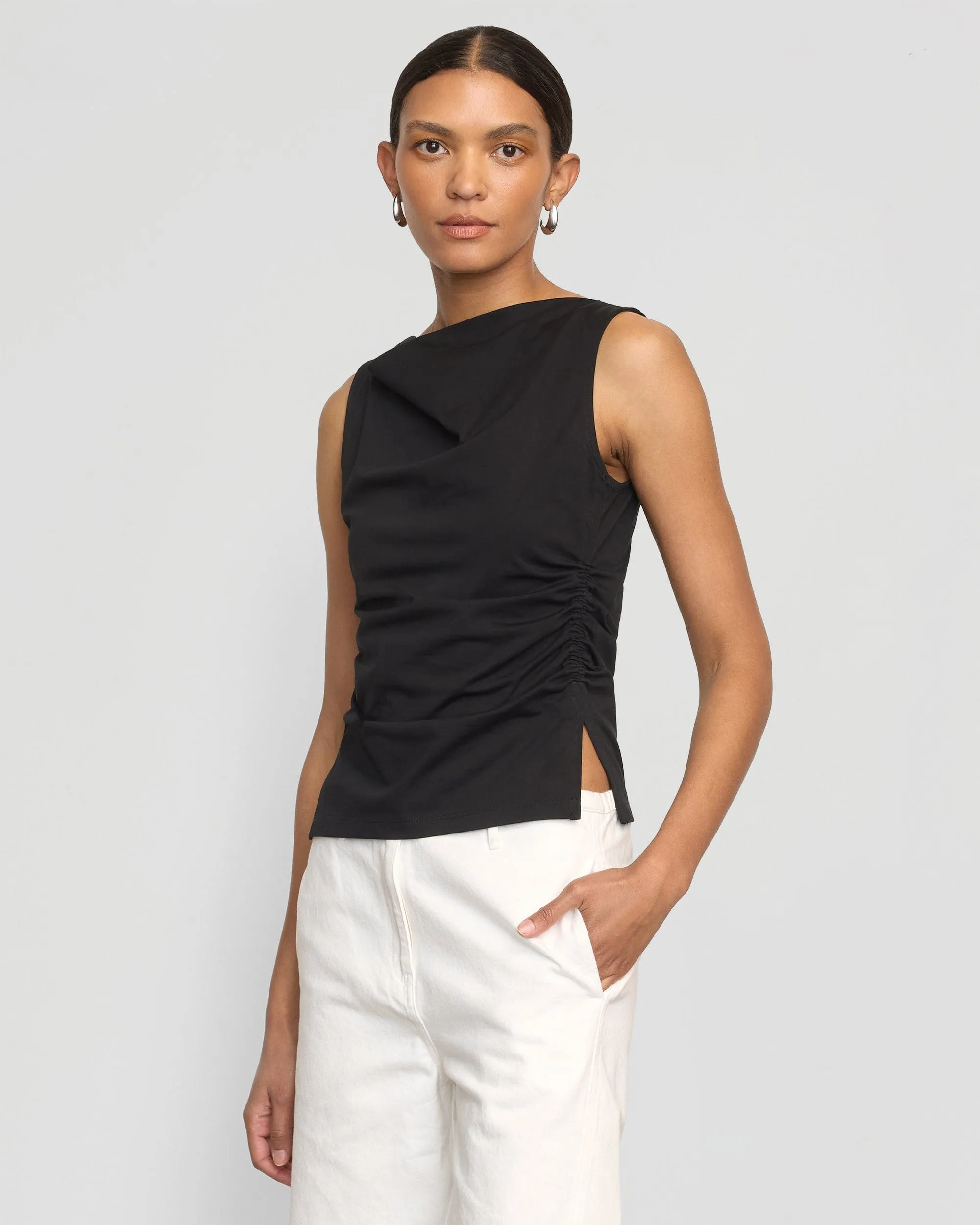 Quick Dry Performance Josie Shirred-Side Cowl-Neck Tee