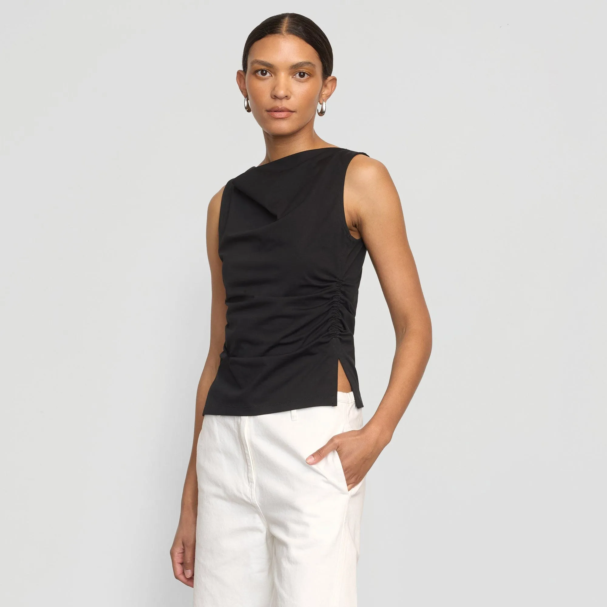 Slim Waist Lightweight Material Josie Shirred-Side Cowl-Neck Tee