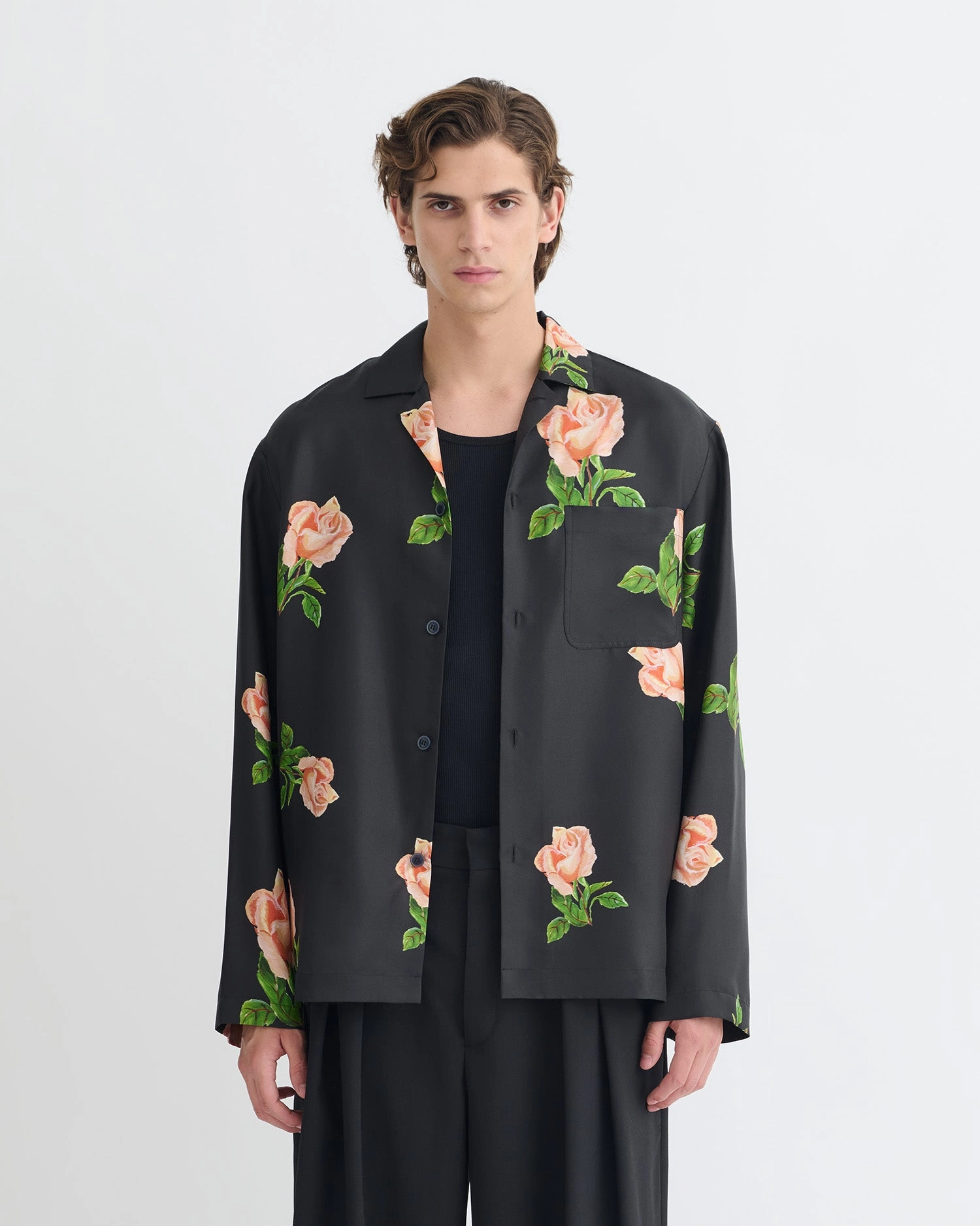 Jamar - Printed Silk Twill Shirt - Black/Roses Smooth Texture