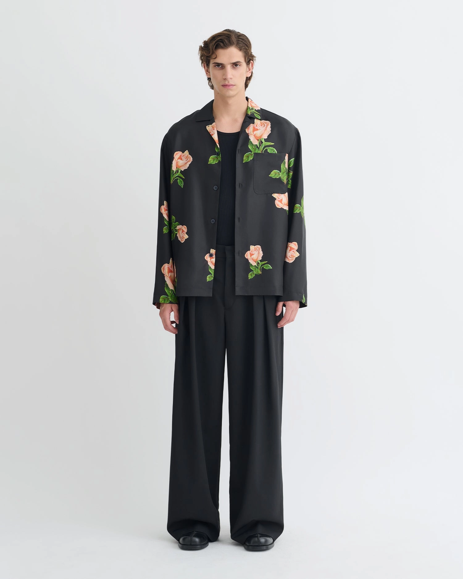 Jamar - Printed Silk Twill Shirt - Black/Roses Non Static Finish