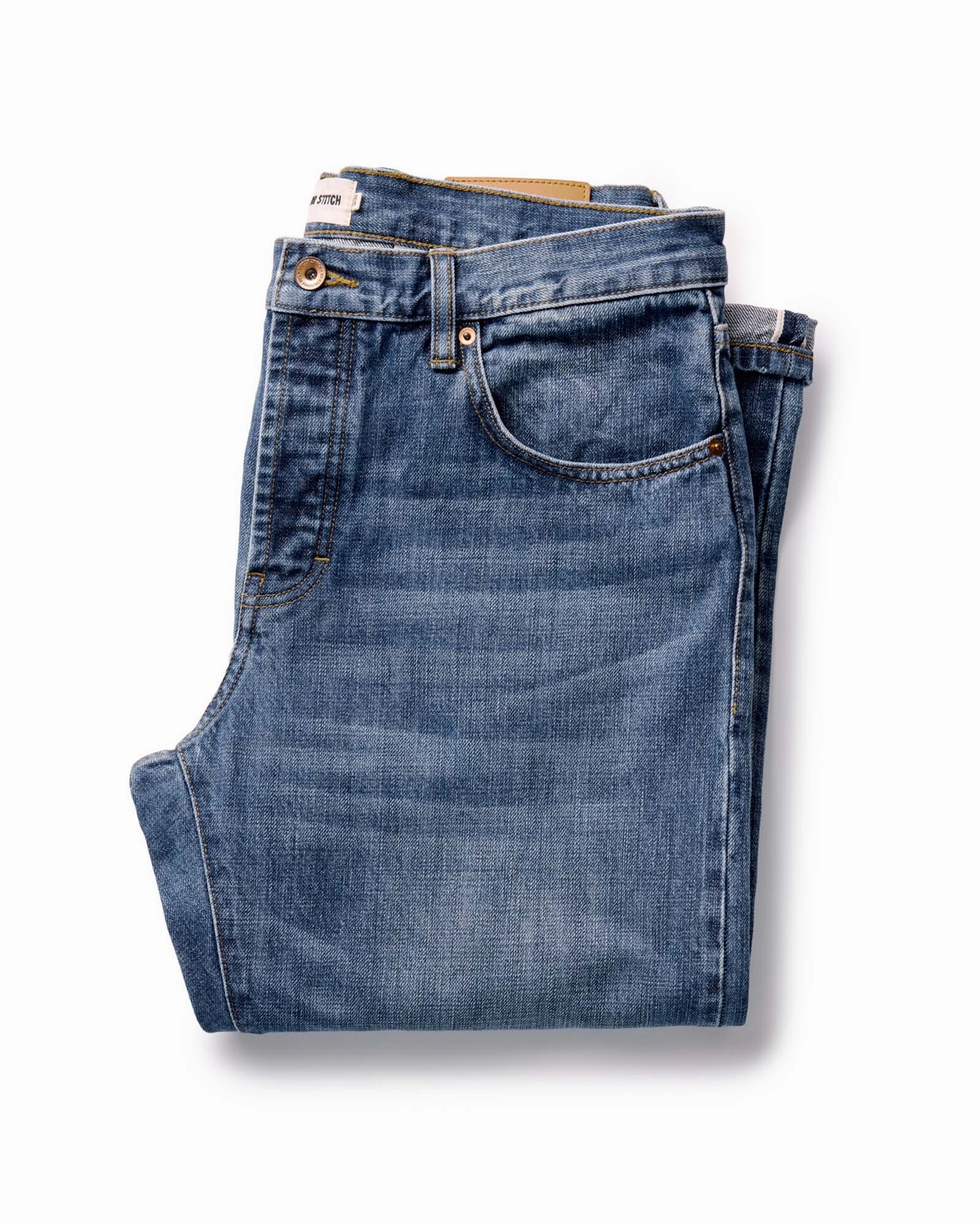 The Straight Jean in Mid Wash Organic Selvedge Cool Fit Lightweight Morning Stroll Durable