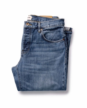 The Straight Jean in Mid Wash Organic Selvedge Cool Fit Lightweight Morning Stroll Durable