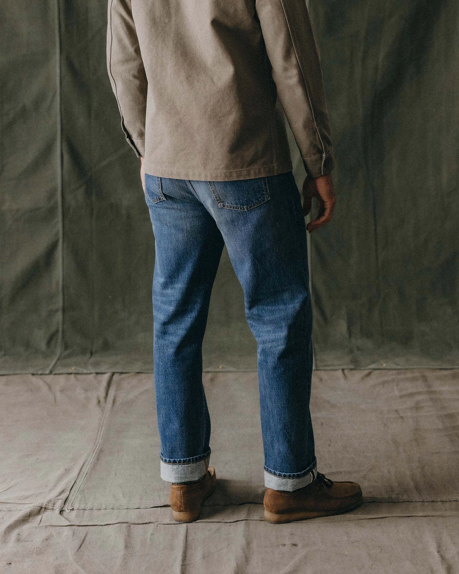 The Straight Jean in Mid Wash Organic Selvedge Versatile Tailoring Sandblasted Finish
