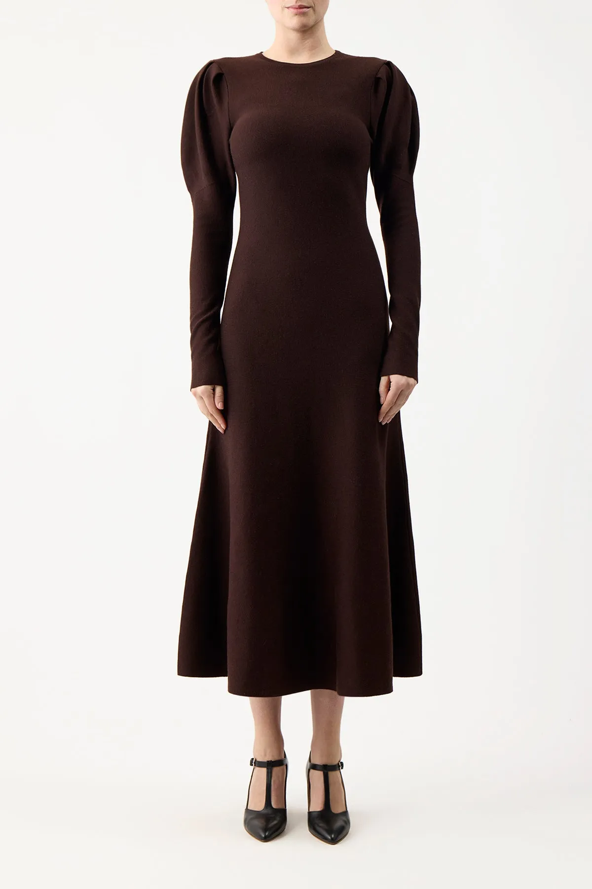 Hannah Knit Maxi Dress in Chocolate Merino Wool Cashmere Flattering Waist Design Fit Chill Piece