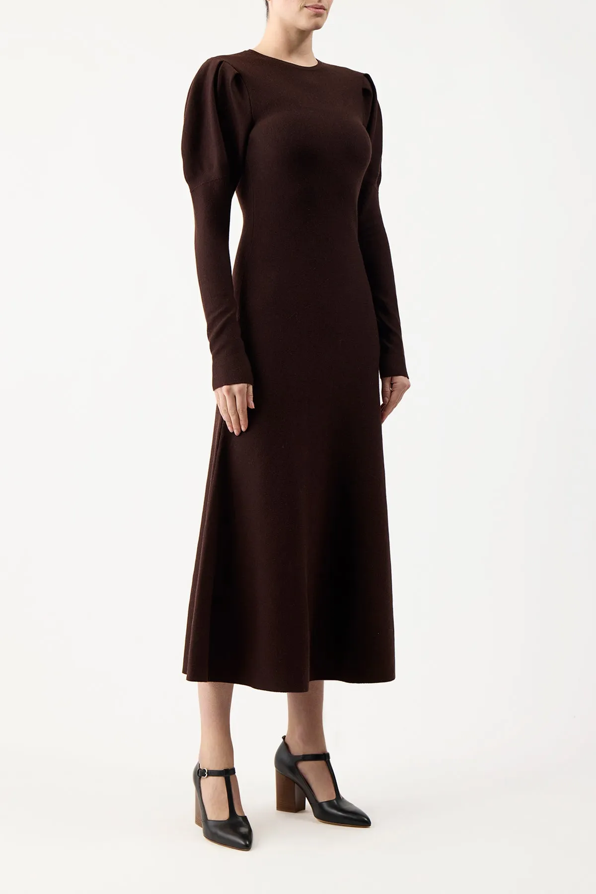 Hannah Knit Maxi Dress in Chocolate Merino Wool Cashmere Curve-Enhancing