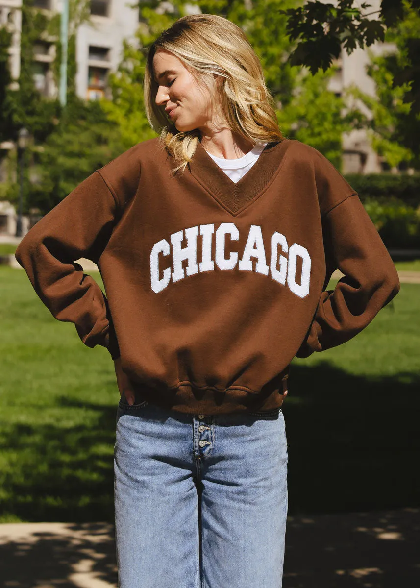 Chicago Boucle V-Neck Sweatshirt - Espresso Layered Wear Subtle Texture Detail