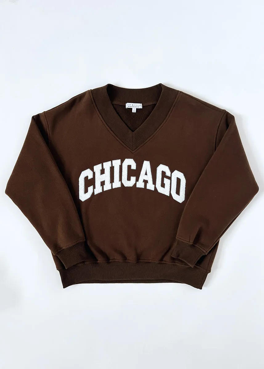 Casual Style Light Reflective Yarn Chicago Boucle V-Neck Sweatshirt - Espresso