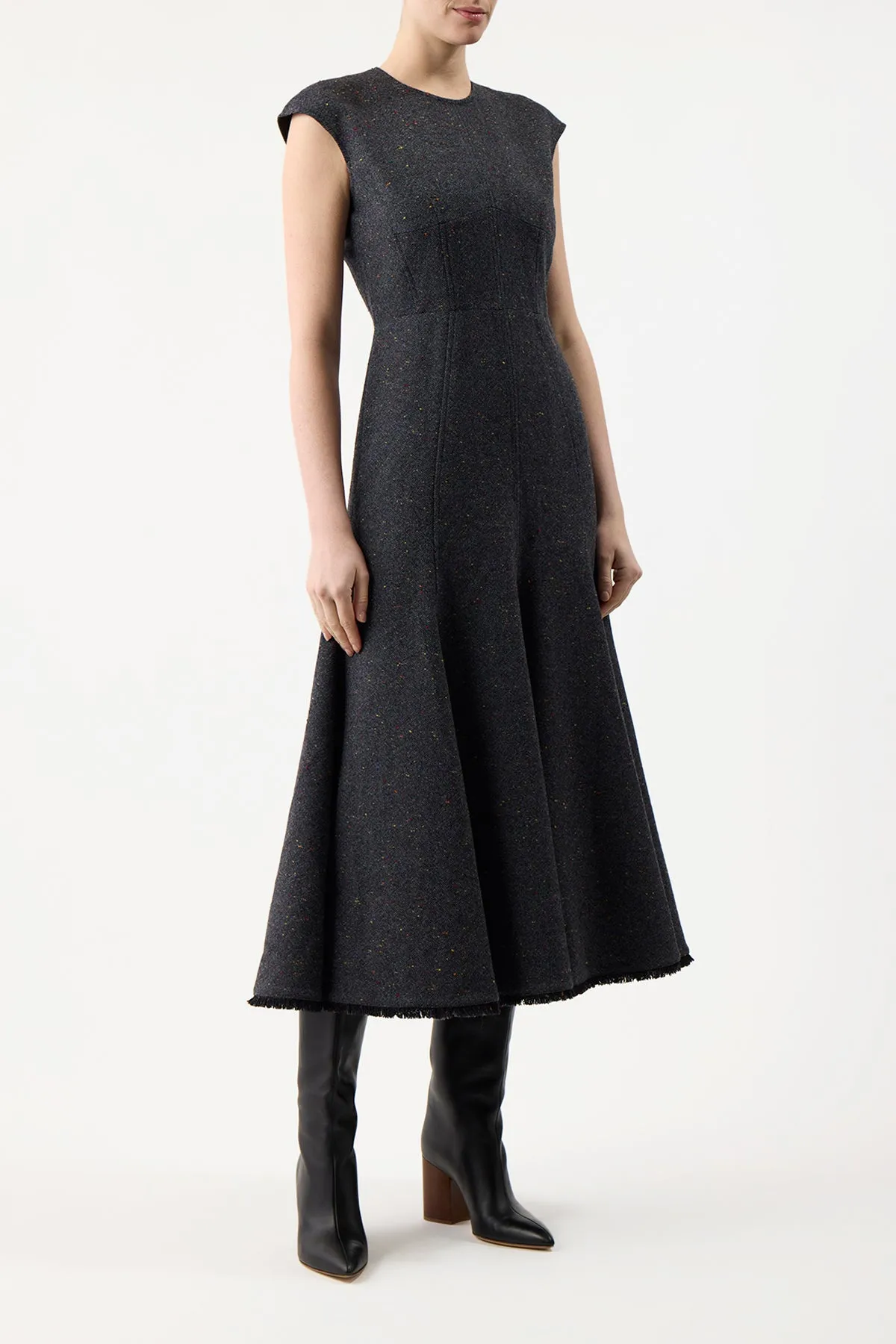 Crowther Dress in Slate Multi Cashmere Virgin Wool Asymmetrical hem Soft Material