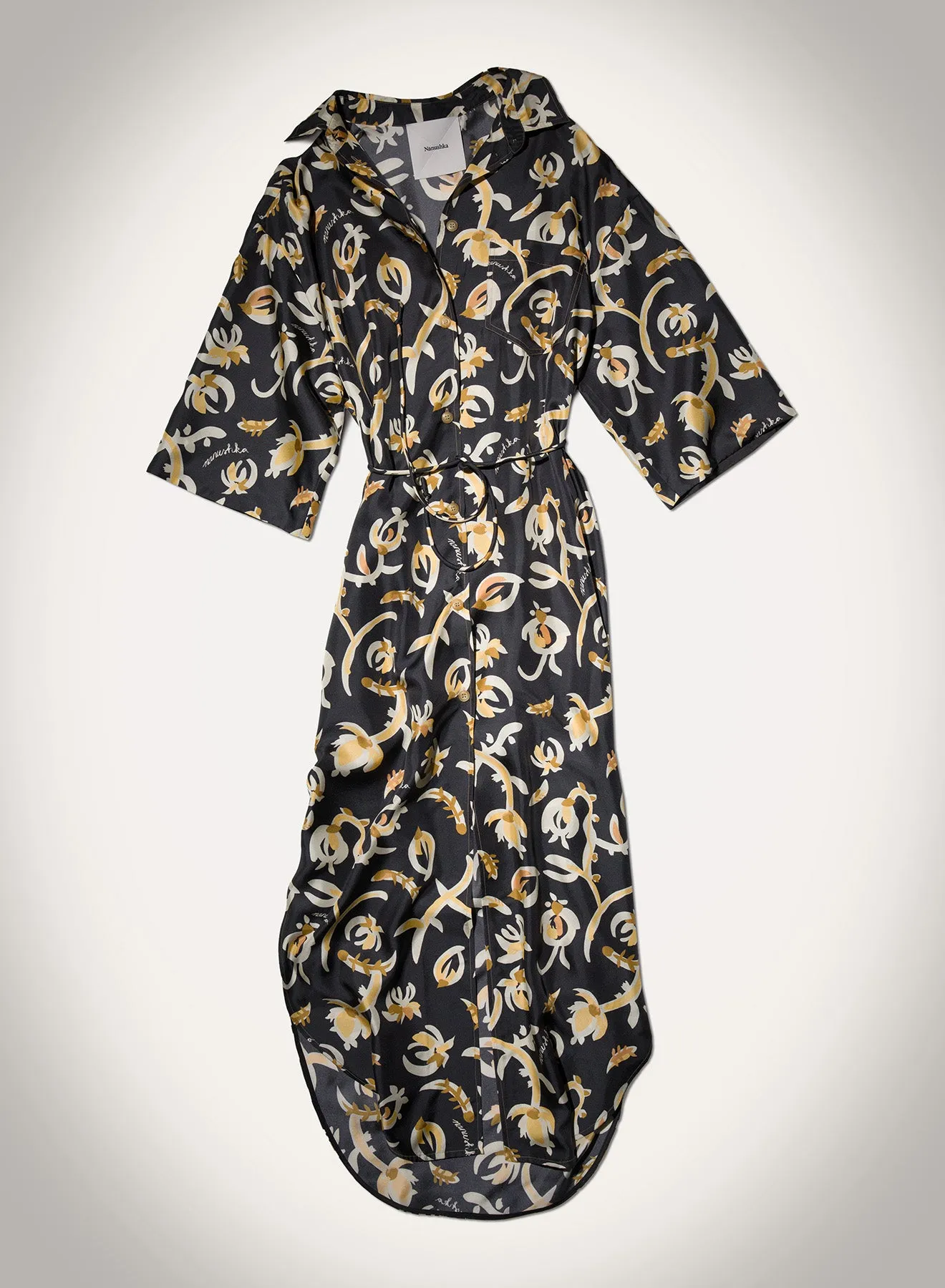 Vintage feel Everyday-Comfort Damala - Printed Silk Twill Shirt Dress - Black Floral