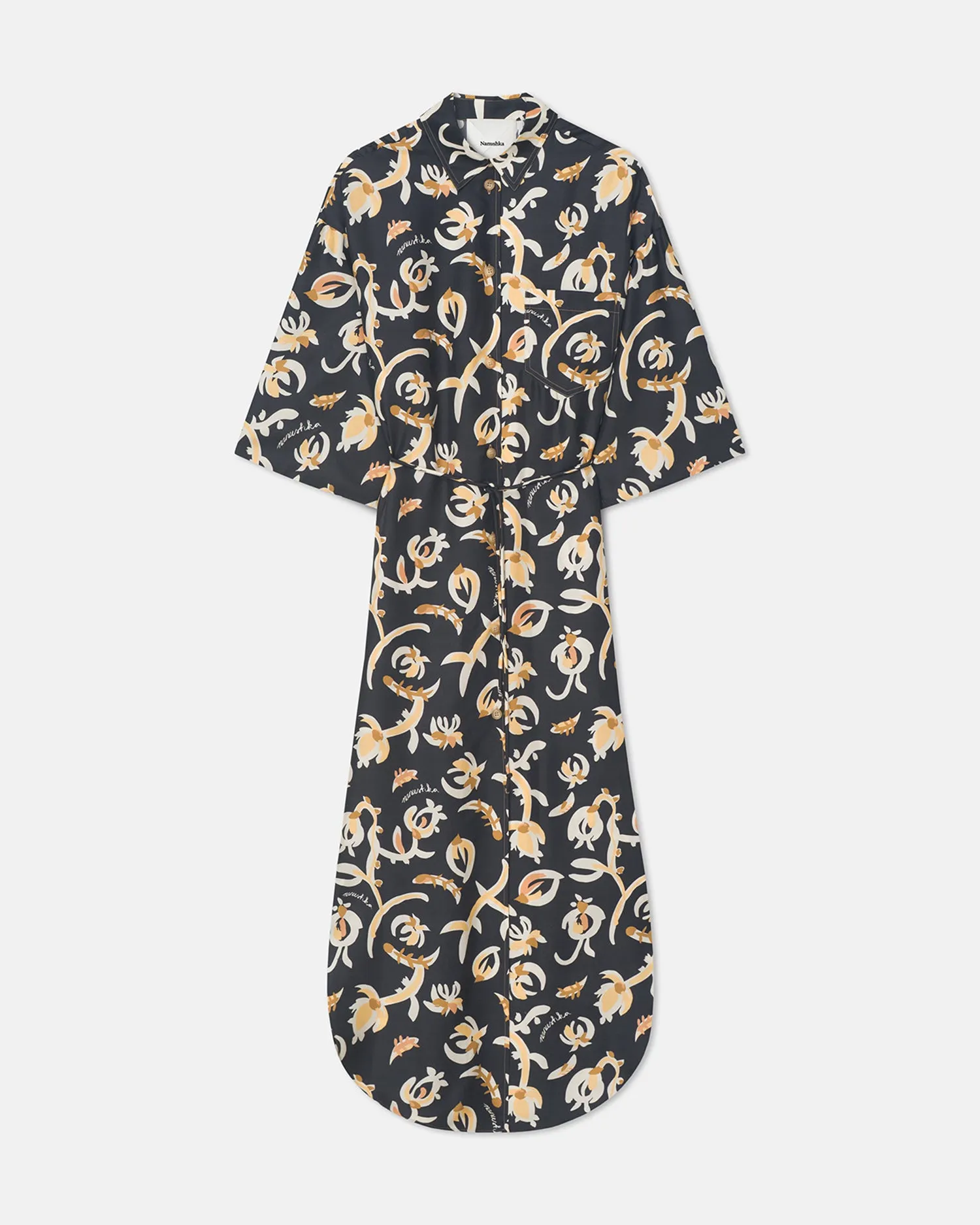 Damala - Printed Silk Twill Shirt Dress - Black Floral Cool Elegance WaterRepellentCoating