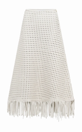 Crisp Finish Fold Over Detail Bennie Midi Skirt in White Woven Leather