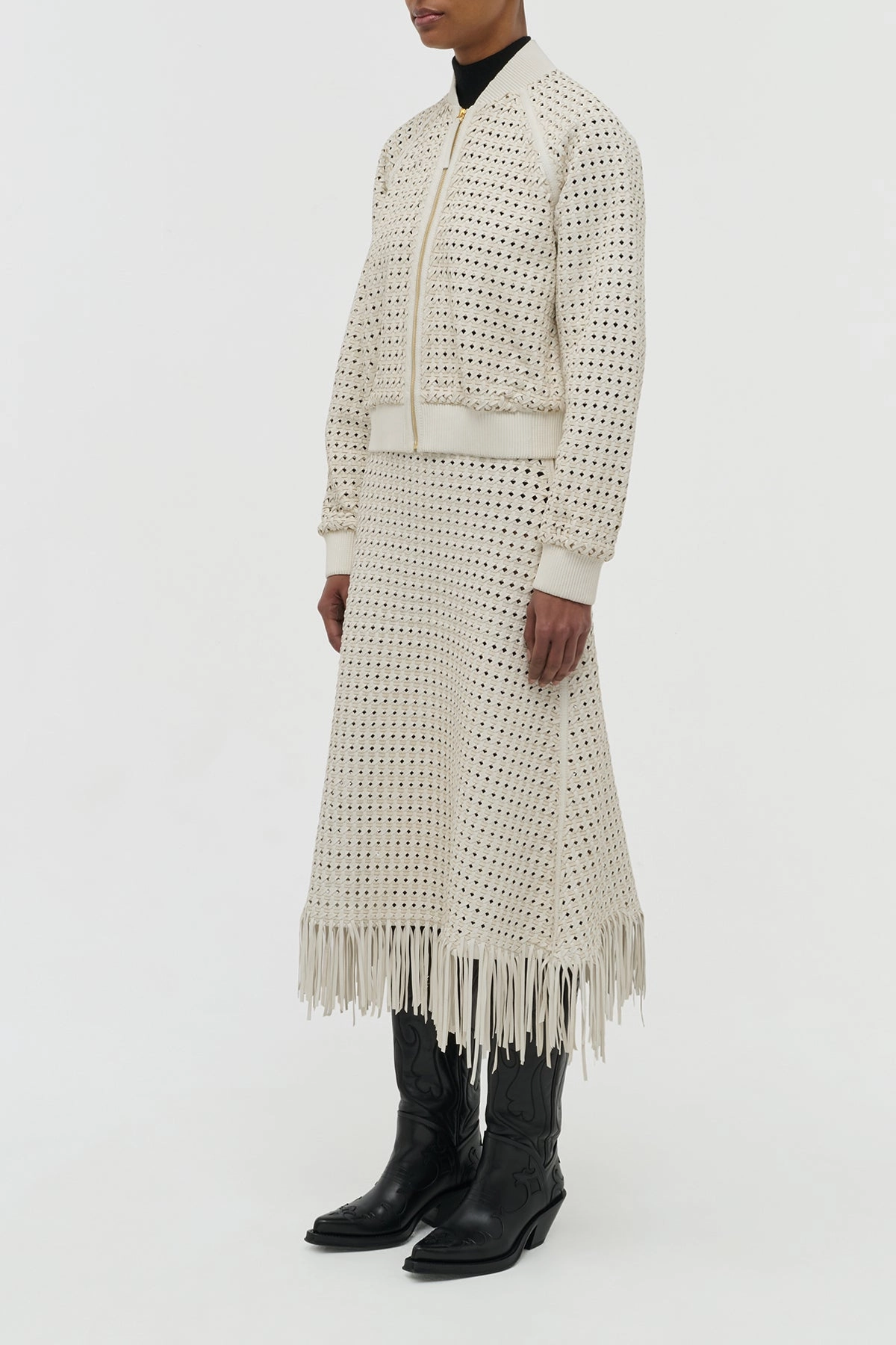 Seasonal Drop Bennie Midi Skirt in White Woven Leather