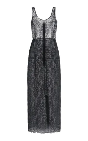 Modern Waist Glam Touch Polus Sheer Maxi Dress with Slip in Black Silk Lace