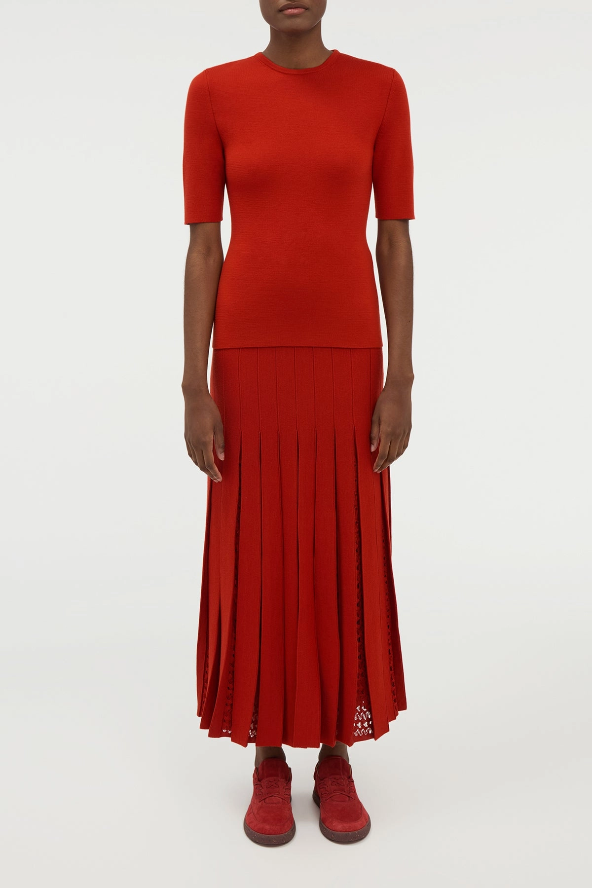 Ankle length Debutante Knit Pleated Maxi Skirt in Antelope Orange Merino Wool