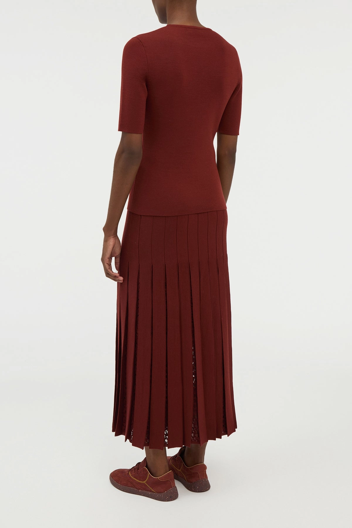 Debutante Knit Pleated Maxi Skirt in Burnt Sienna Merino Wool All Season Wear elastic waistband