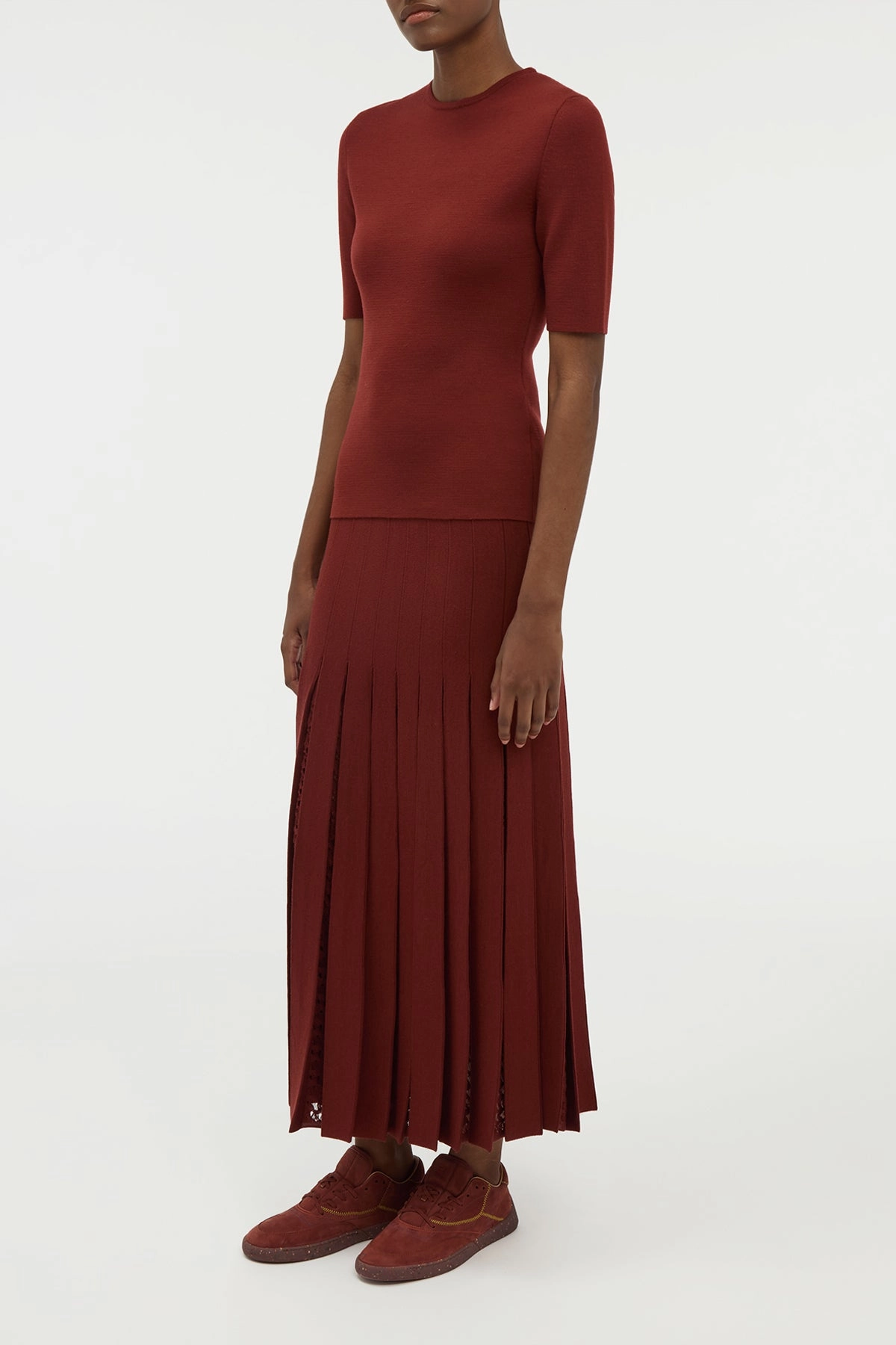 Media Feature Debutante Knit Pleated Maxi Skirt in Burnt Sienna Merino Wool