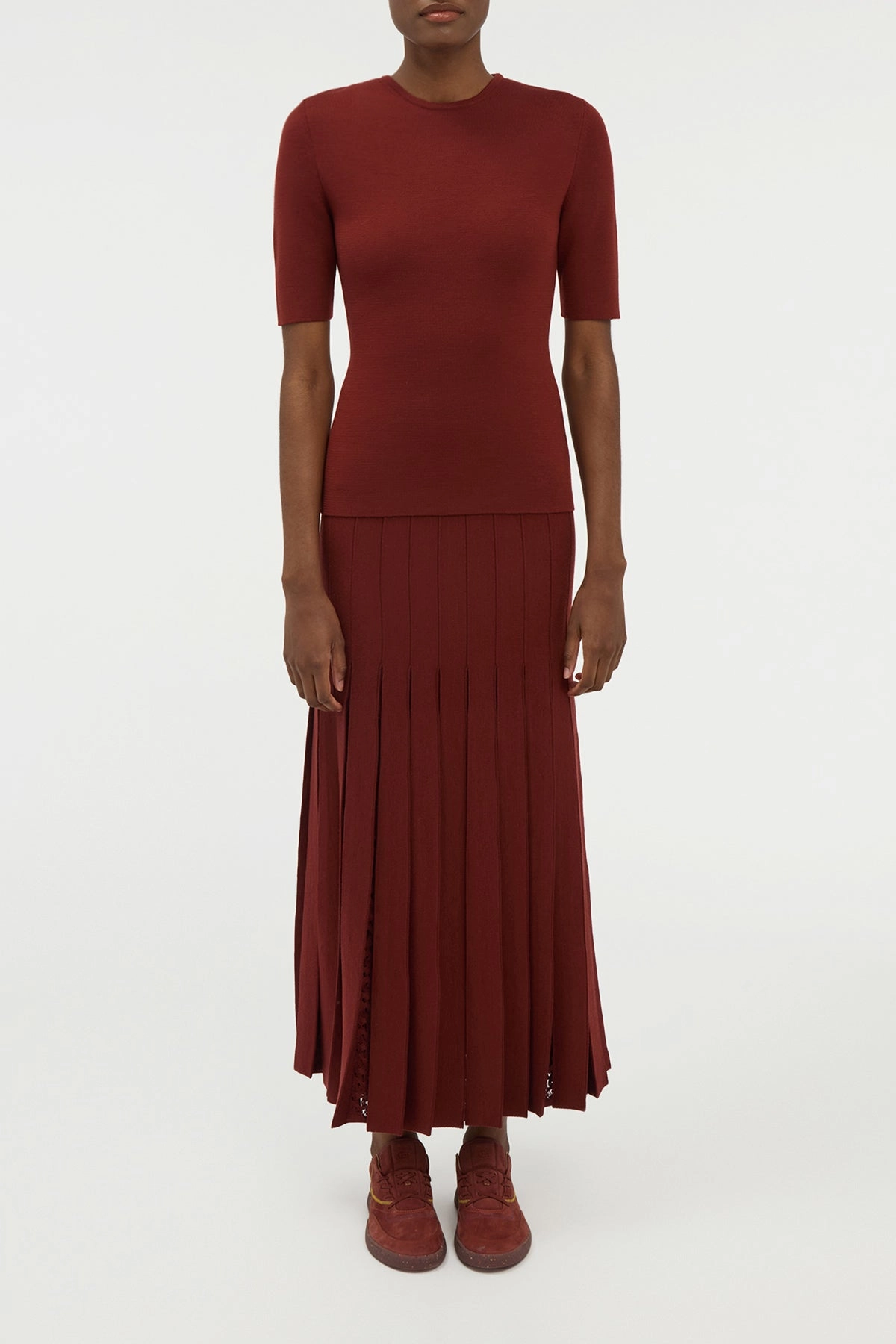 Debutante Knit Pleated Maxi Skirt in Burnt Sienna Merino Wool Layered Style
