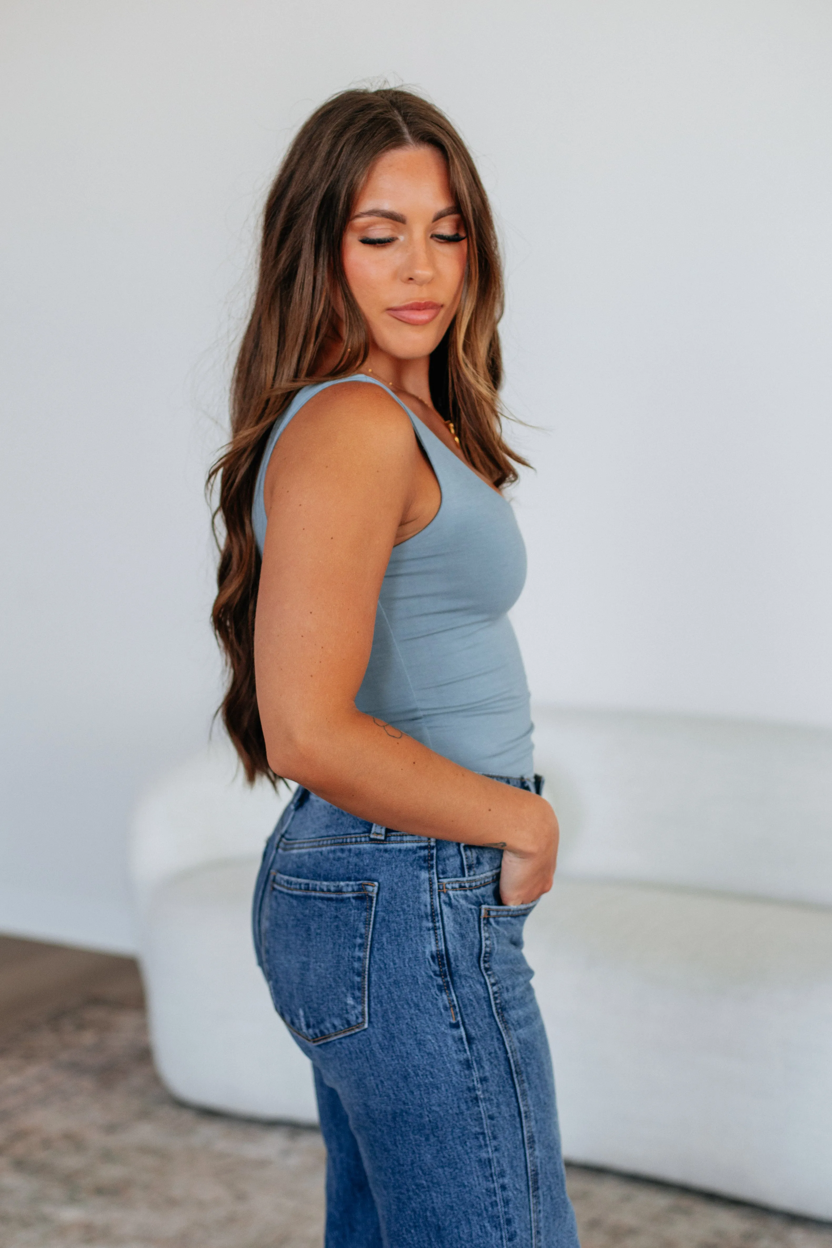 Delta Basic Tank - Slate Blue Adjustable Drawstrings Adjustable Cuffs